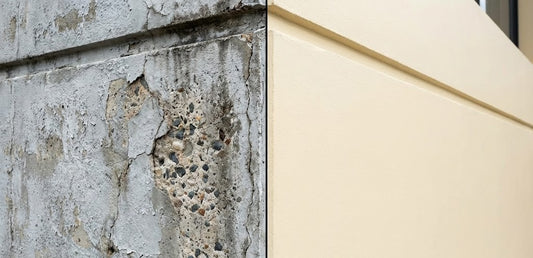 Split view: weathered bare concrete beside a facade finished with Acrilid