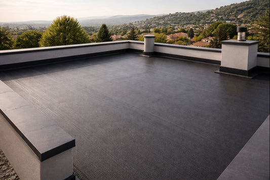 Flat roof recovered with SBS-Bond primer and liquid membrane, dark finish