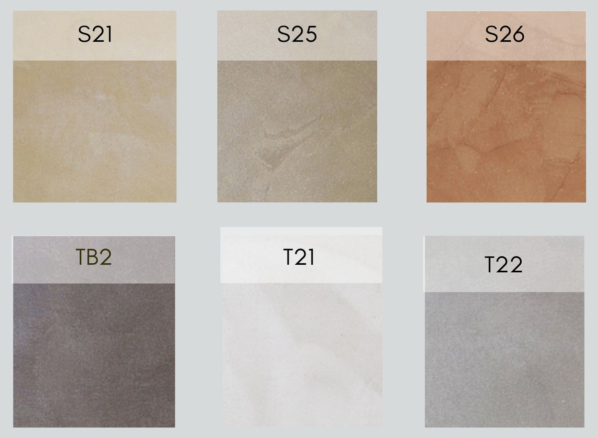 six microcement colour swatches in neutral tones