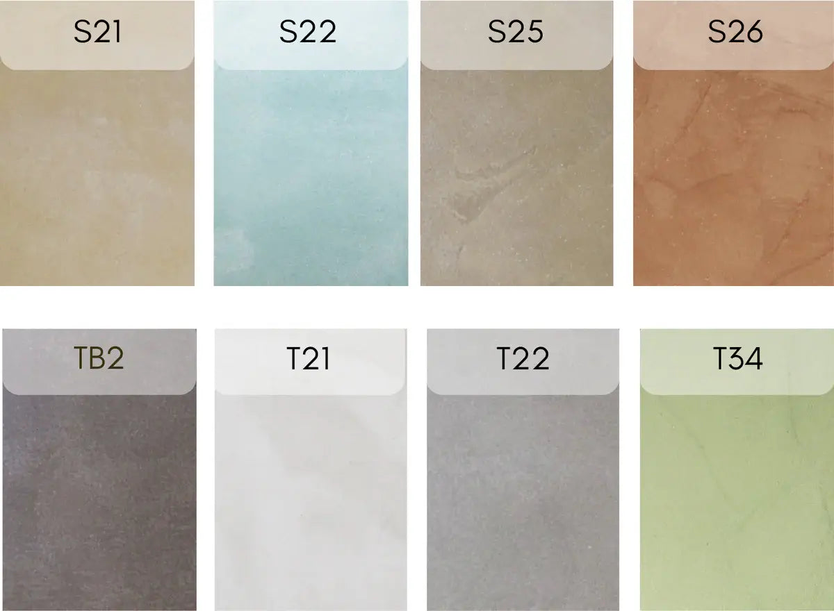 Microcement colour swatches arranged in a grid.