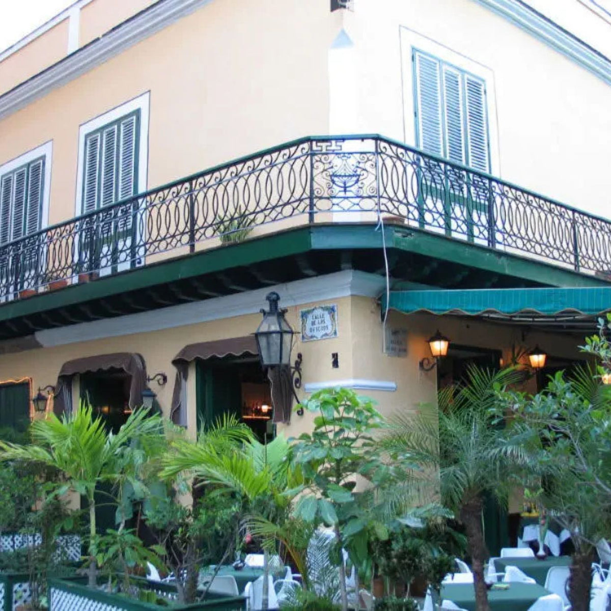 Building finished with Plaster Paint  in cream with a cast iron veranda and potted palms in the foreground