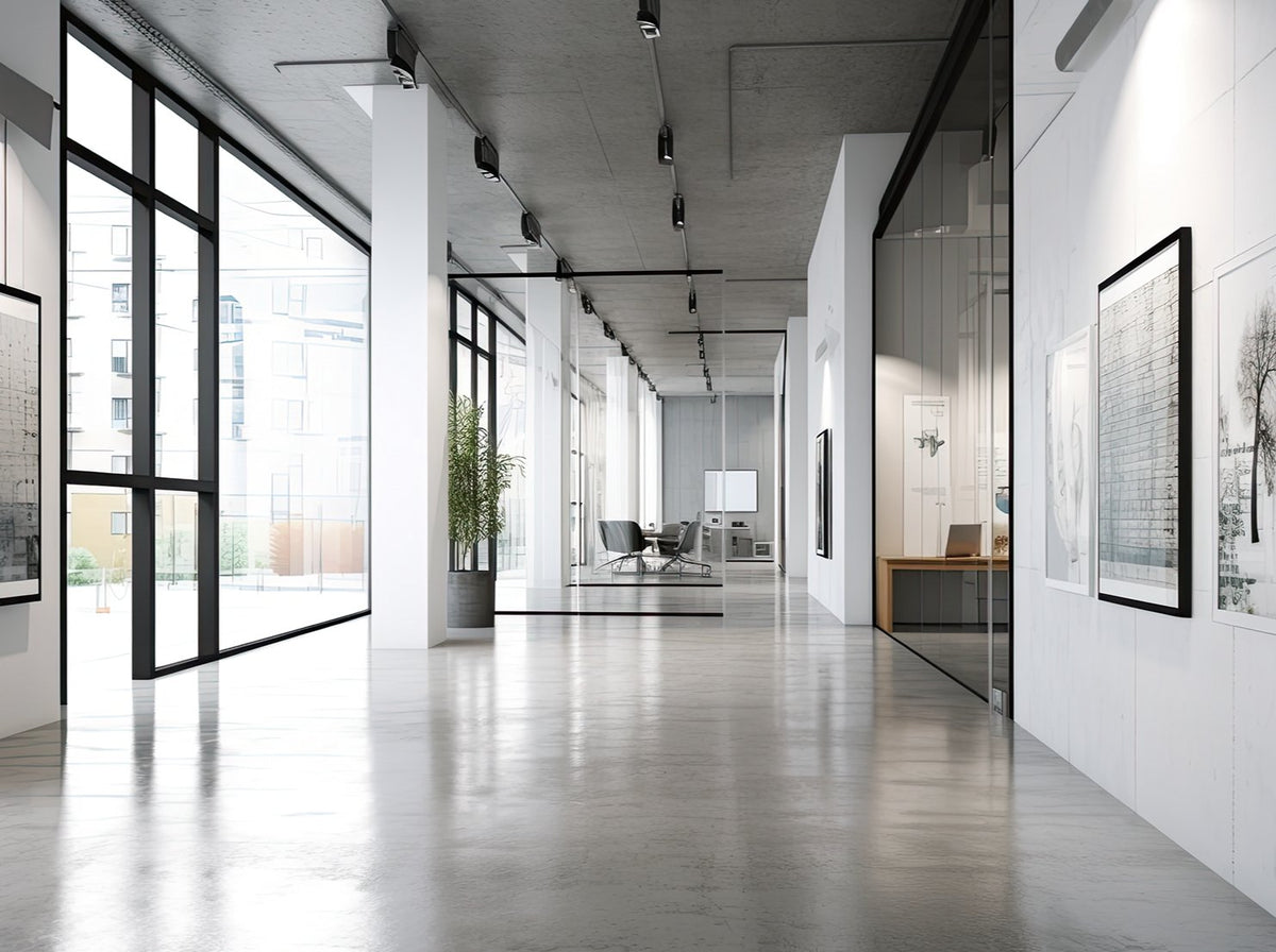 Modern office space with white walls and glossy floors