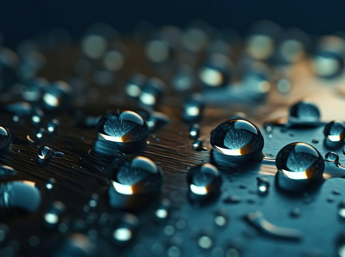 water droplets on a black surface with warm lighting