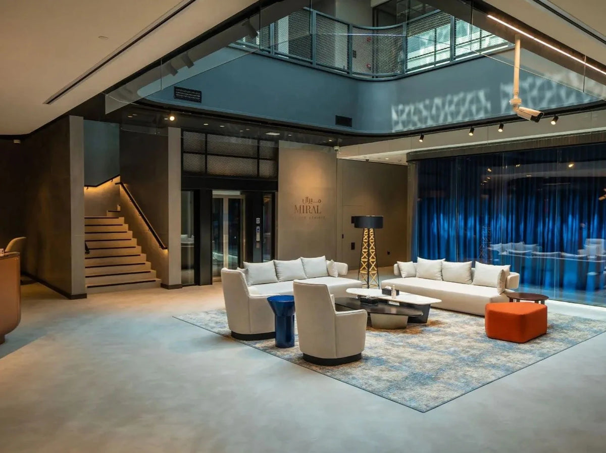 Decorkrete sustainable micro-concrete in modern office lobby