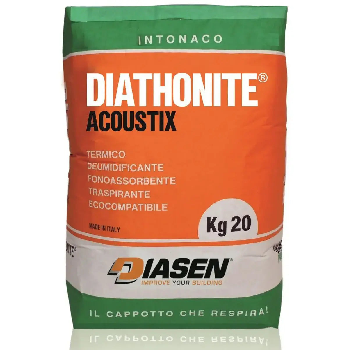 Bag of Diathonite Acoustix aoustix+ plaster with green and orange design