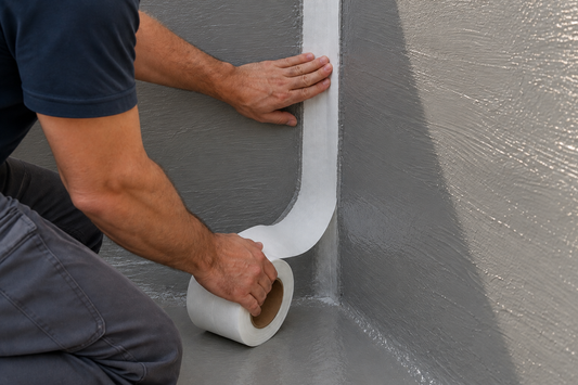 Safety joint tape embedded in gray waterproofing