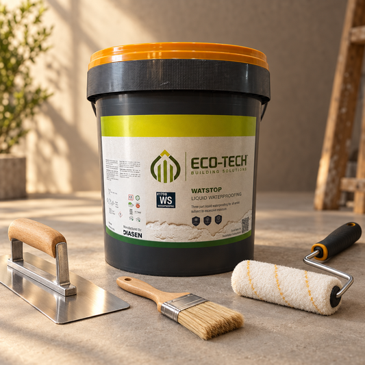 Square lifestyle image of the 10 kg WATstop pail with a trowel, paintbrush, and roller
