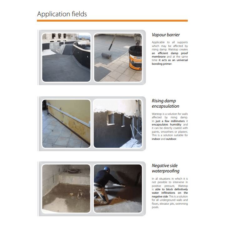 page showing uses for WATstop including as a vapour barrier, rising damp encapsulation and negative pressure waterproofing