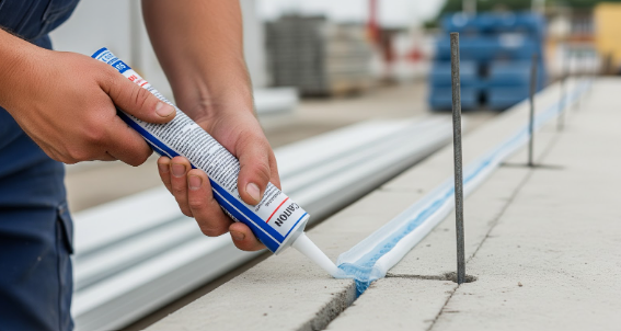 A professional’s hands applying sealant to a concrete surface.