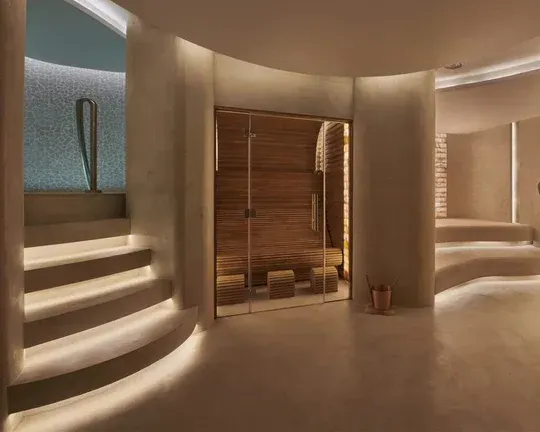 Microcement floors are used in a sleek, modern spa interior with a glass-enclosed wooden sauna.
