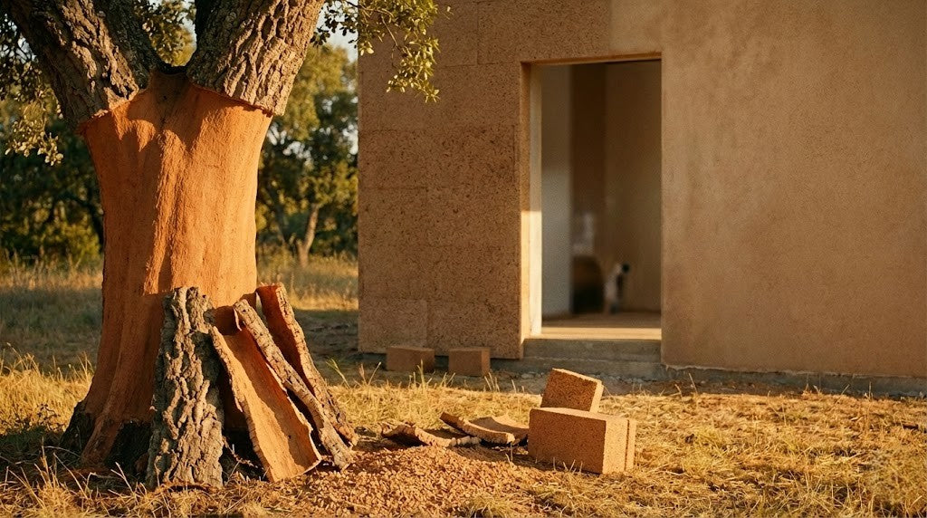 Cork oak with harvested bark beside a cork-rendered building