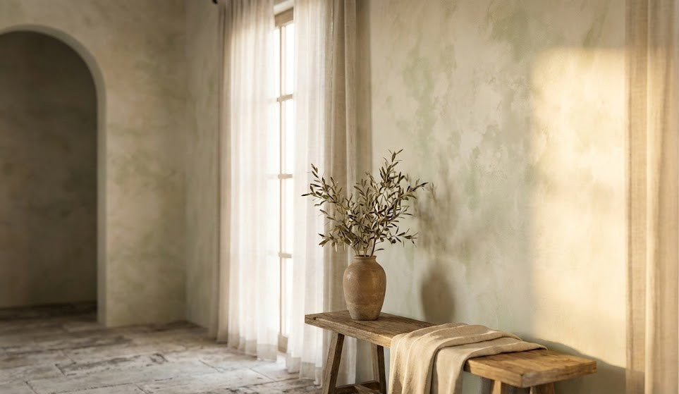 Room finished in soft natural plaster tones with linen curtains
