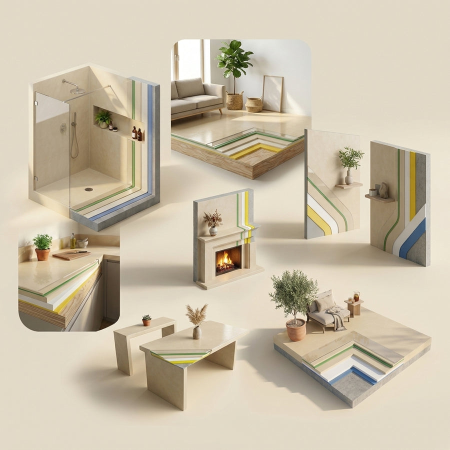 All seven microcement systems, layer by layer