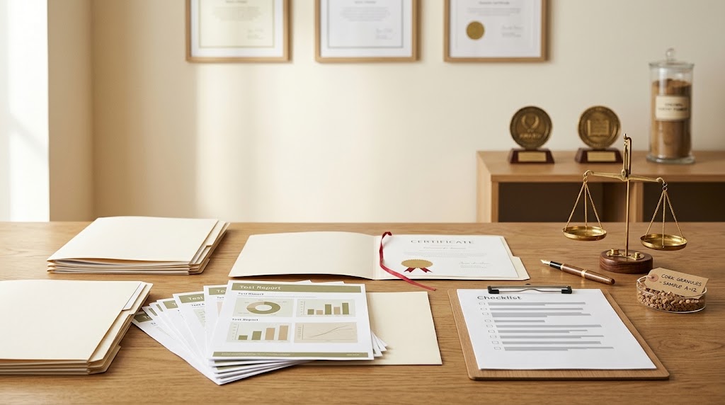 Certification documents, test reports and award medallions arranged on an oak desk