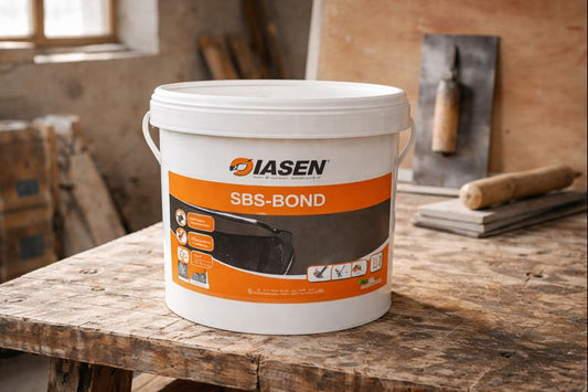 SBS-Bond bituminous primer pail on a work bench