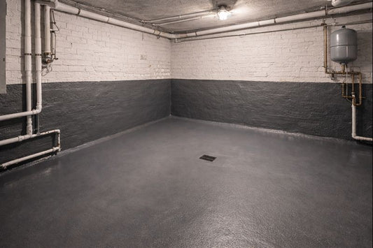 Basement waterproofed with WATstop, dark grey coating on floor and lower walls