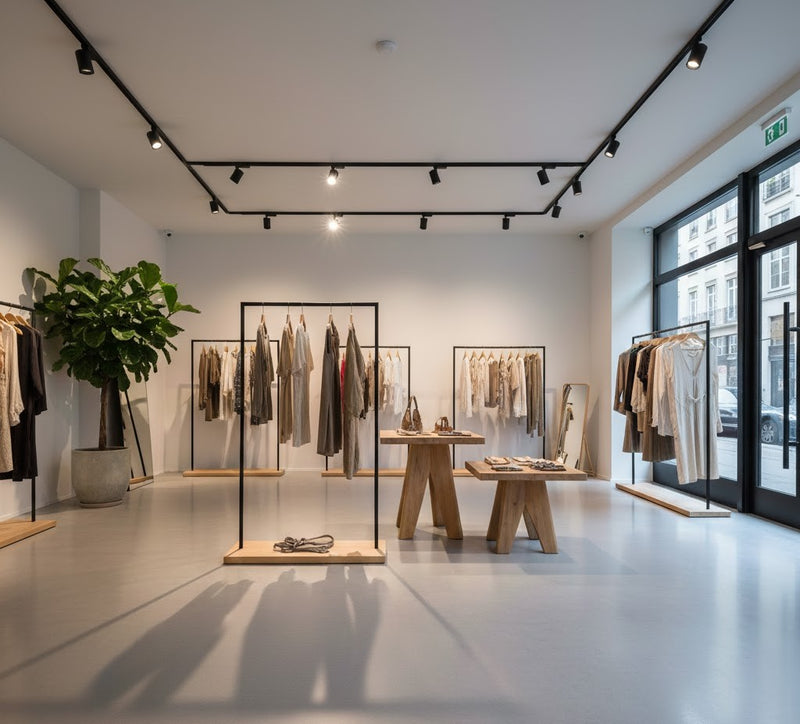 Modern clothing store interior with racks of clothes and a plant.