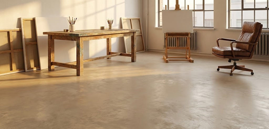 Modern office interior with wooden furniture and large windows.
