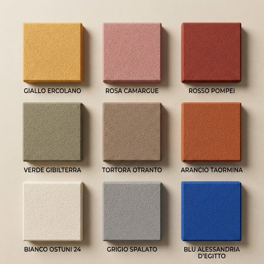 Decork Mediterraneo colour swatches, nine shades from Giallo Ercolano to Blu Alessandria