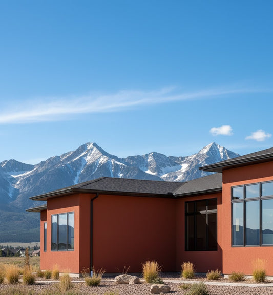 House exterior finished in Plasterpaint terracotta, mountain backdrop