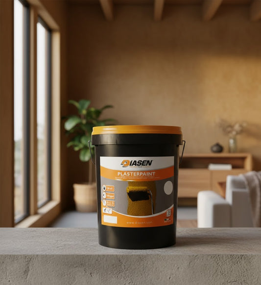 Plasterpaint pail in a terracotta-toned interior