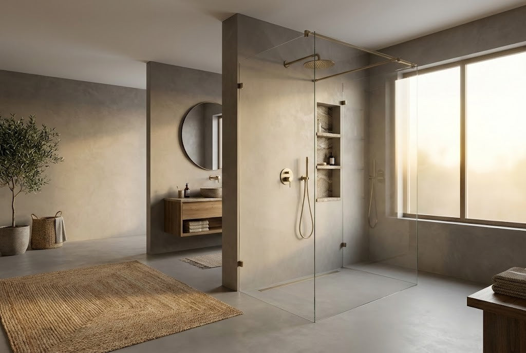 Modern bathroom with glass shower enclosure, wooden vanity, and large window.