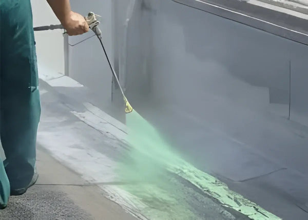 man applying primer by spray gun on roof