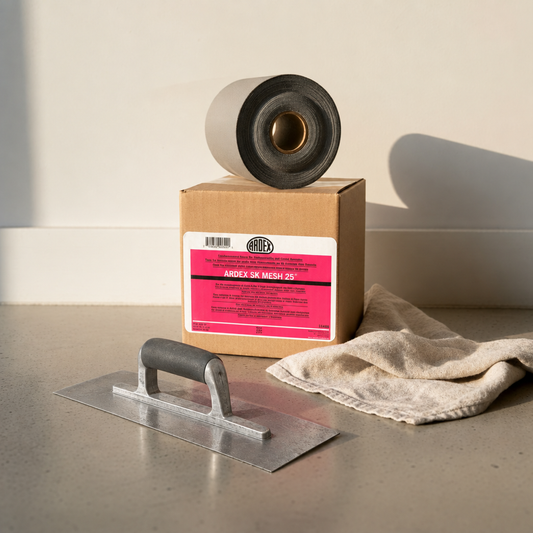 ARDEX mesh roll and box with rectangular masonry trowel