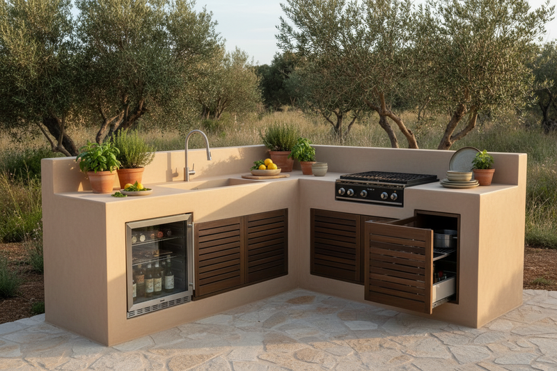 Outdoor L-shaped kitchen counter seamless velvety Mediterraneo Beige Formentera