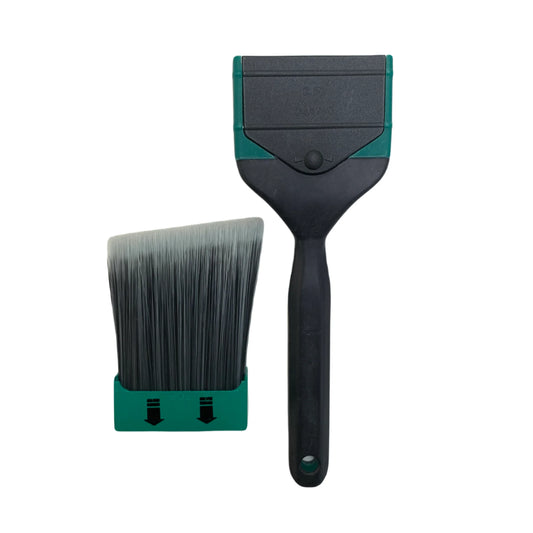 A professional angle paint brush with a black handle and green accents, including a replaceable bristle refill.