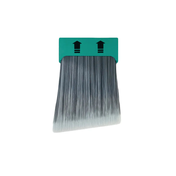 A professional paint brush refill with gray bristles and a green plastic handle.