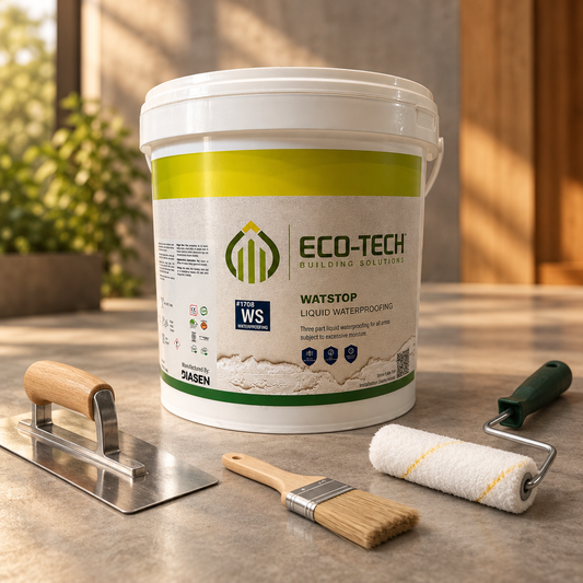 Square WATstop lifestyle product image with a trowel, brush, and paint roller